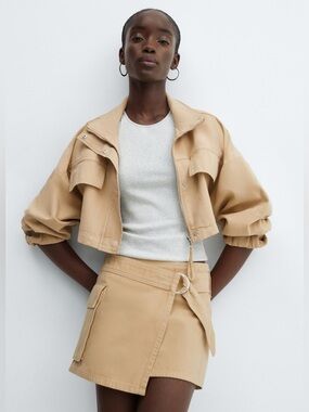 Mango Khaki Wrap Front Cargo Skort Side Pocket Tan Utility Skirt Medium